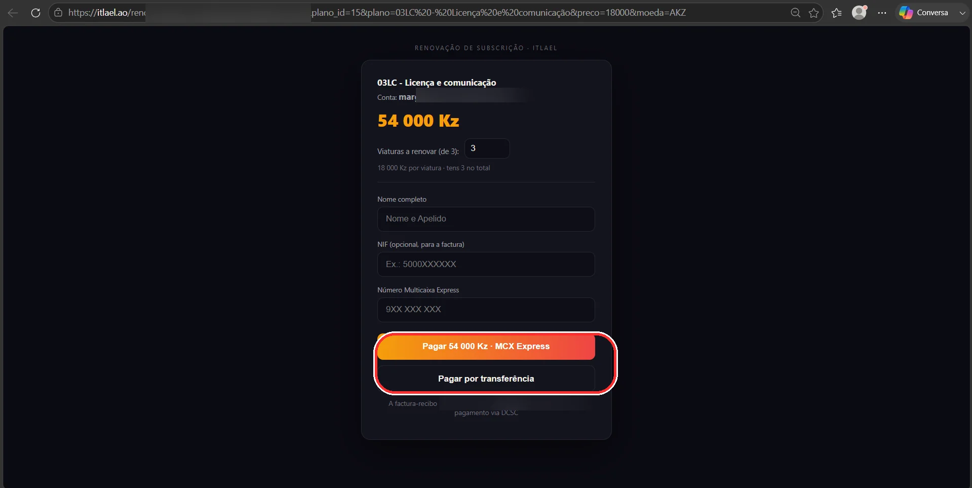 Página de pagamento itlael.ao/renovar com os botões de pagamento destacados