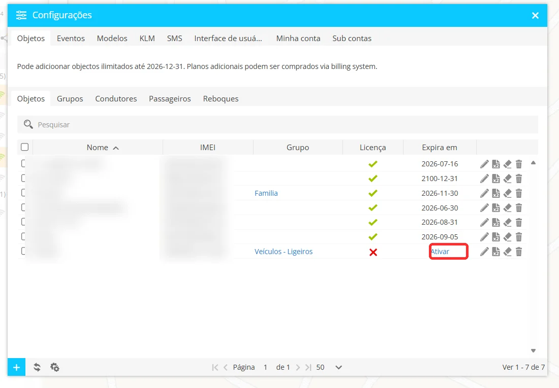 Configurações de objetos com o botão Ativar destacado numa viatura inativa